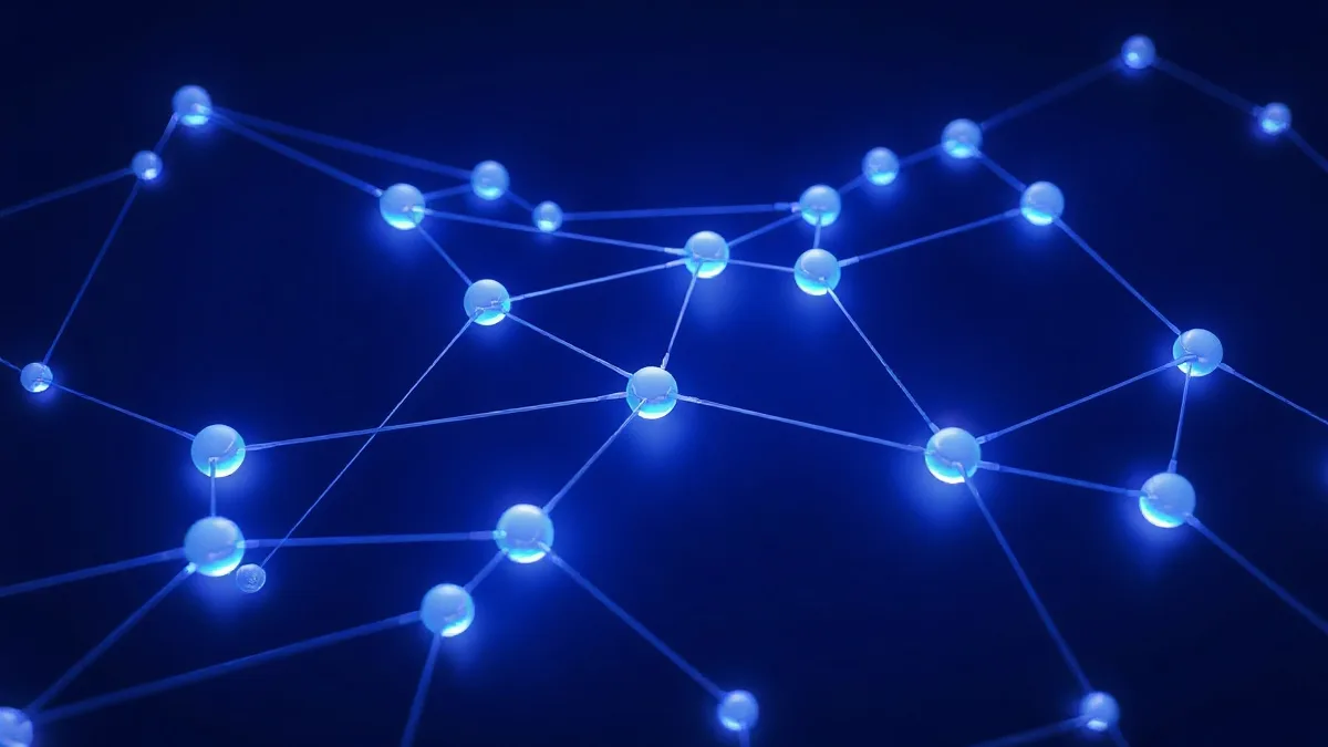 Interconnected nodes with data flows in blue and indigo tones
