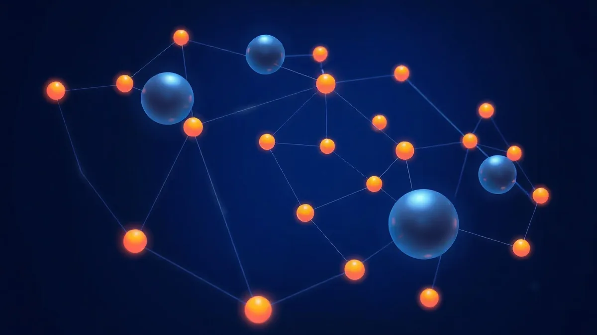 Interconnected data nodes with metric flows in blue and indigo tones