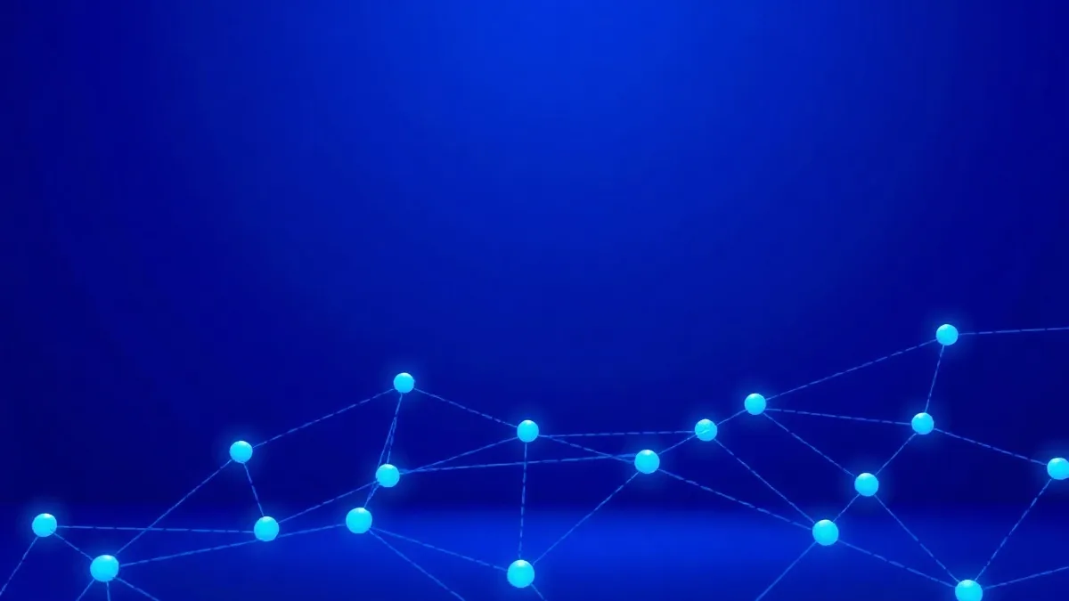 Interconnected digital nodes with flowing data streams in blue and indigo tones
