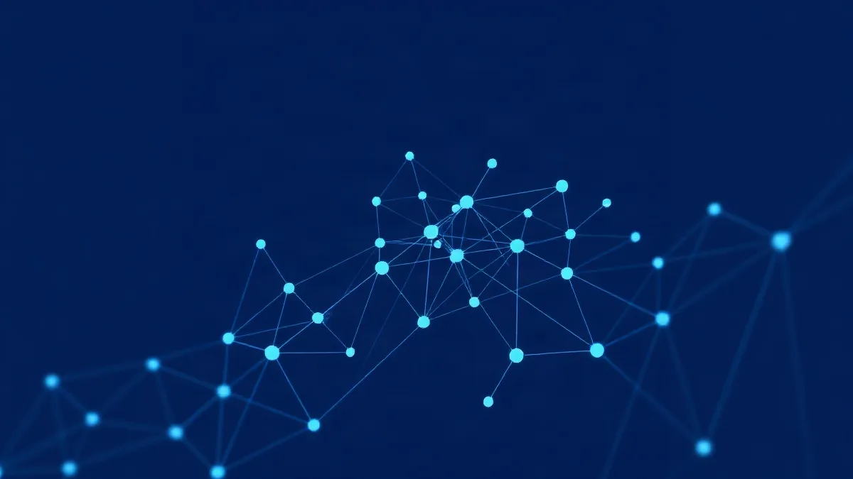 Interconnected geometric nodes with flowing data streams in blue and indigo