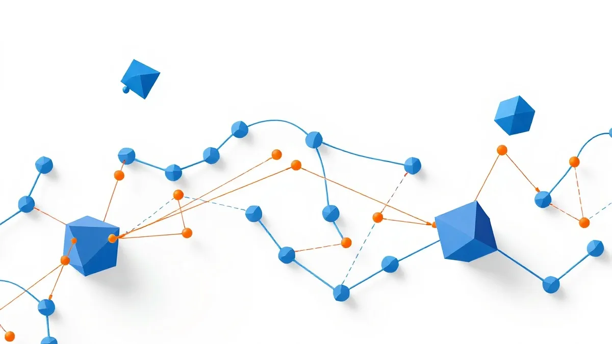 Formas geométricas interconectadas con flujos de datos en azules y naranja