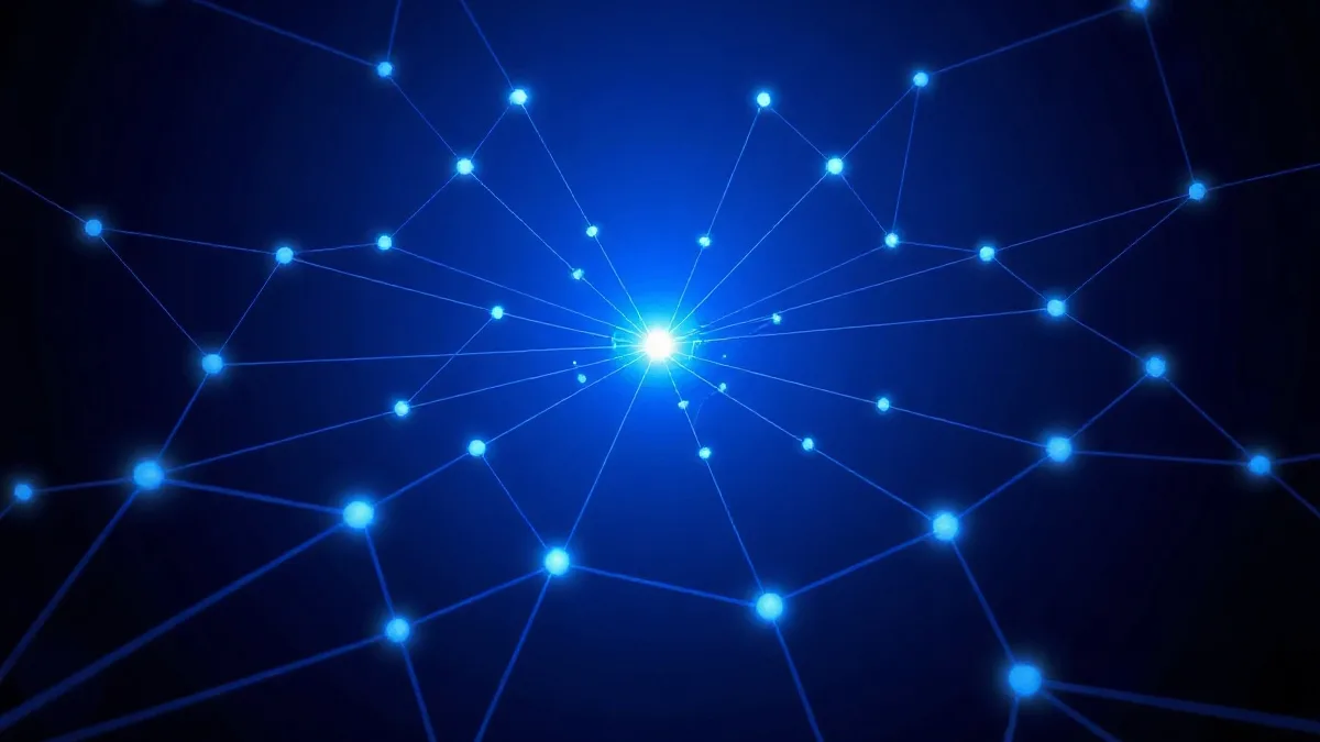Interconnected digital pathways converging toward a bright focal point.