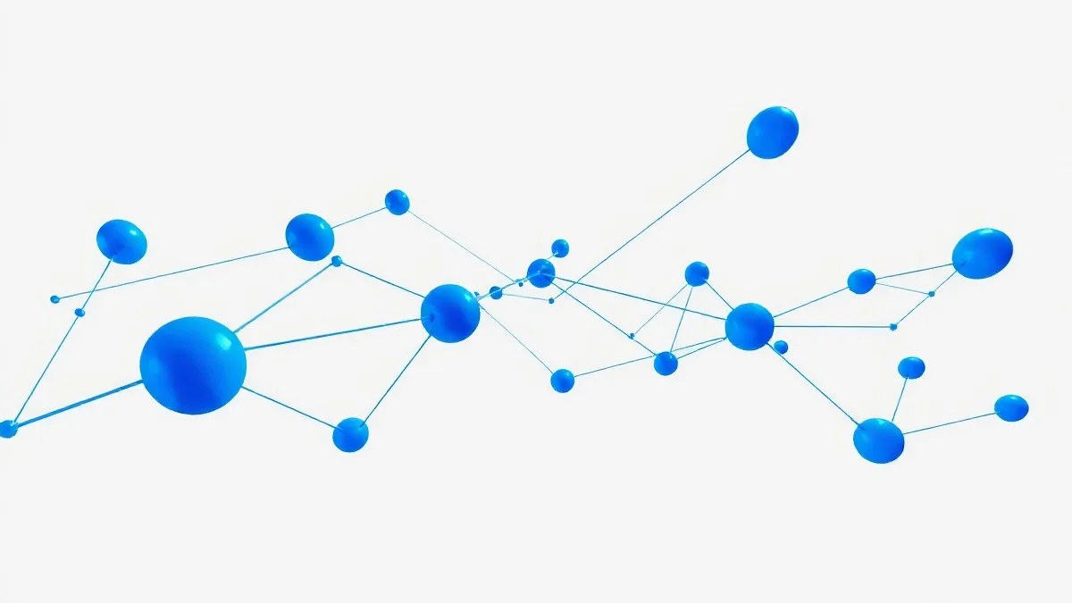 Interconnected digital nodes and data flow in blue and indigo tones