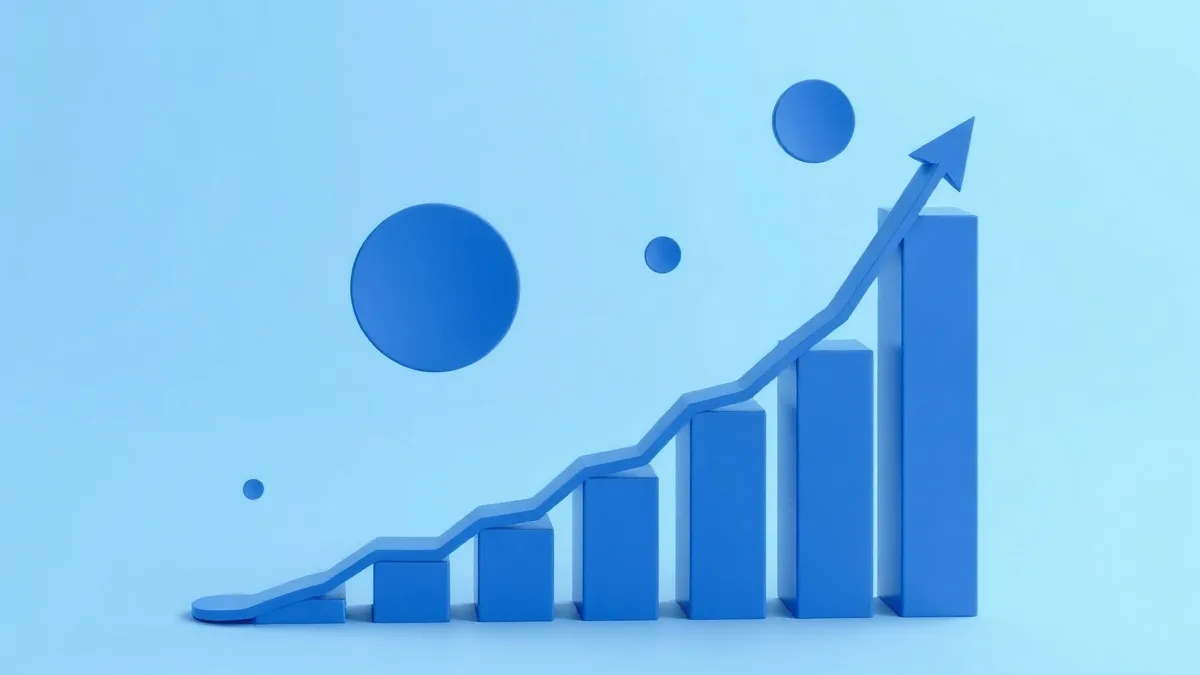 Upward trending chart with floating geometric shapes in corporate blues