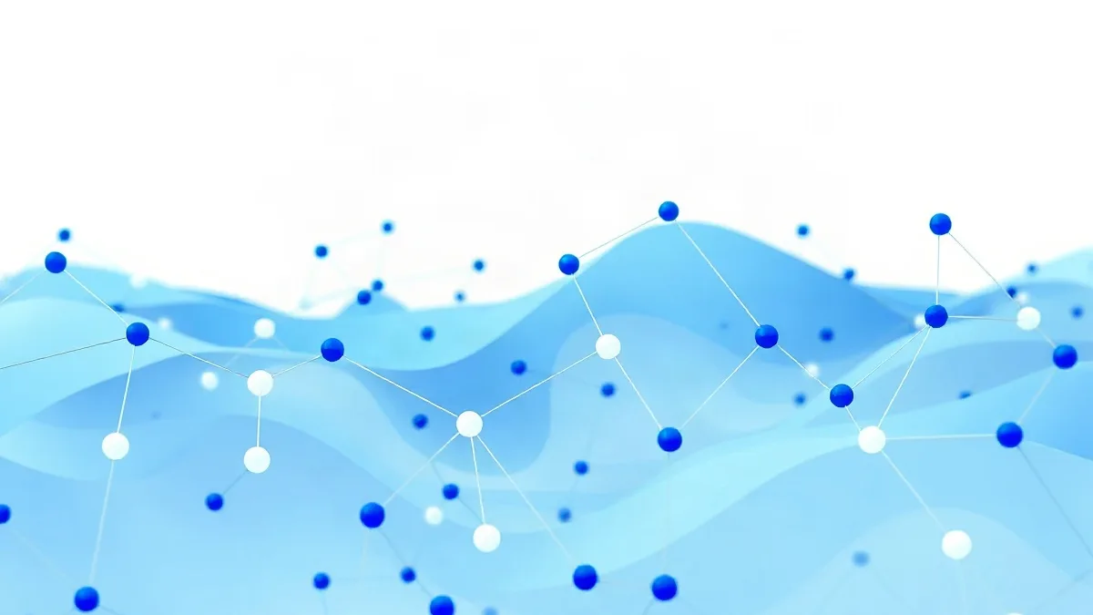 Network of blue and white nodes over light blue waves