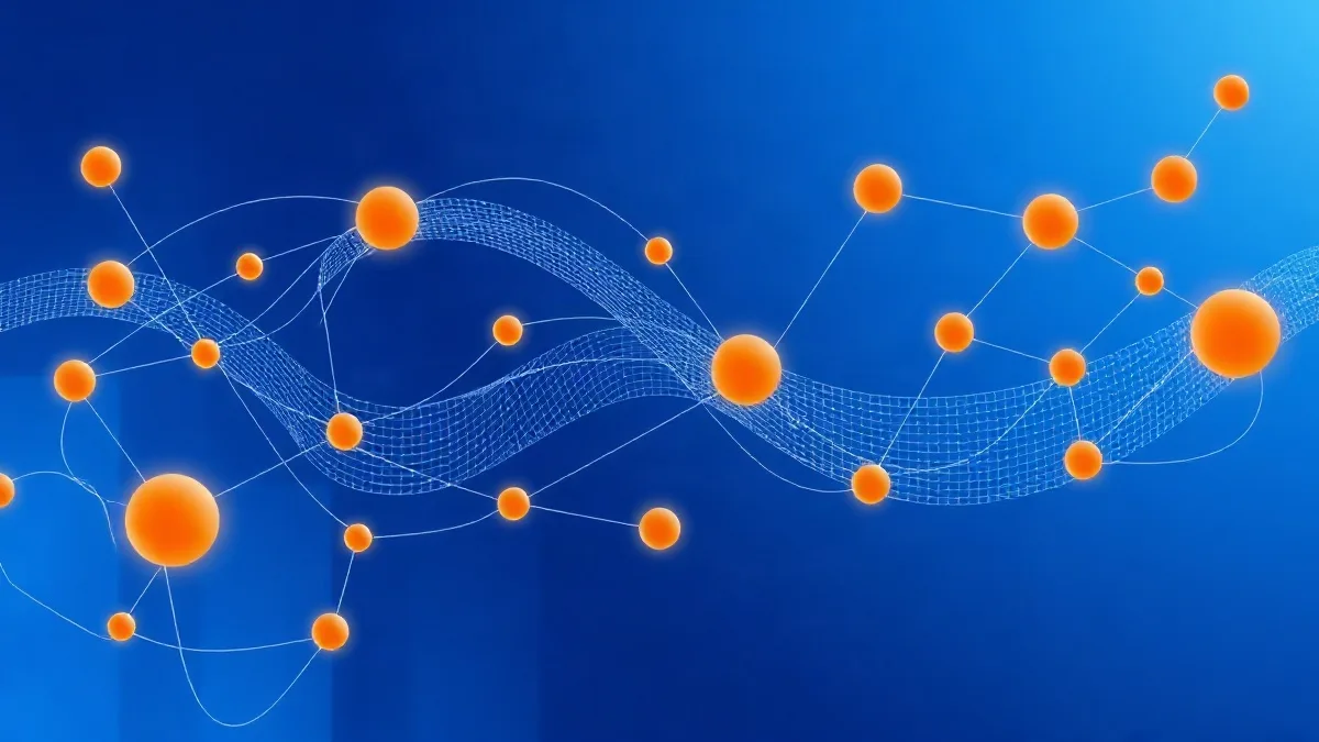 Red de nodos naranjas conectados sobre una malla digital en fondo azul.