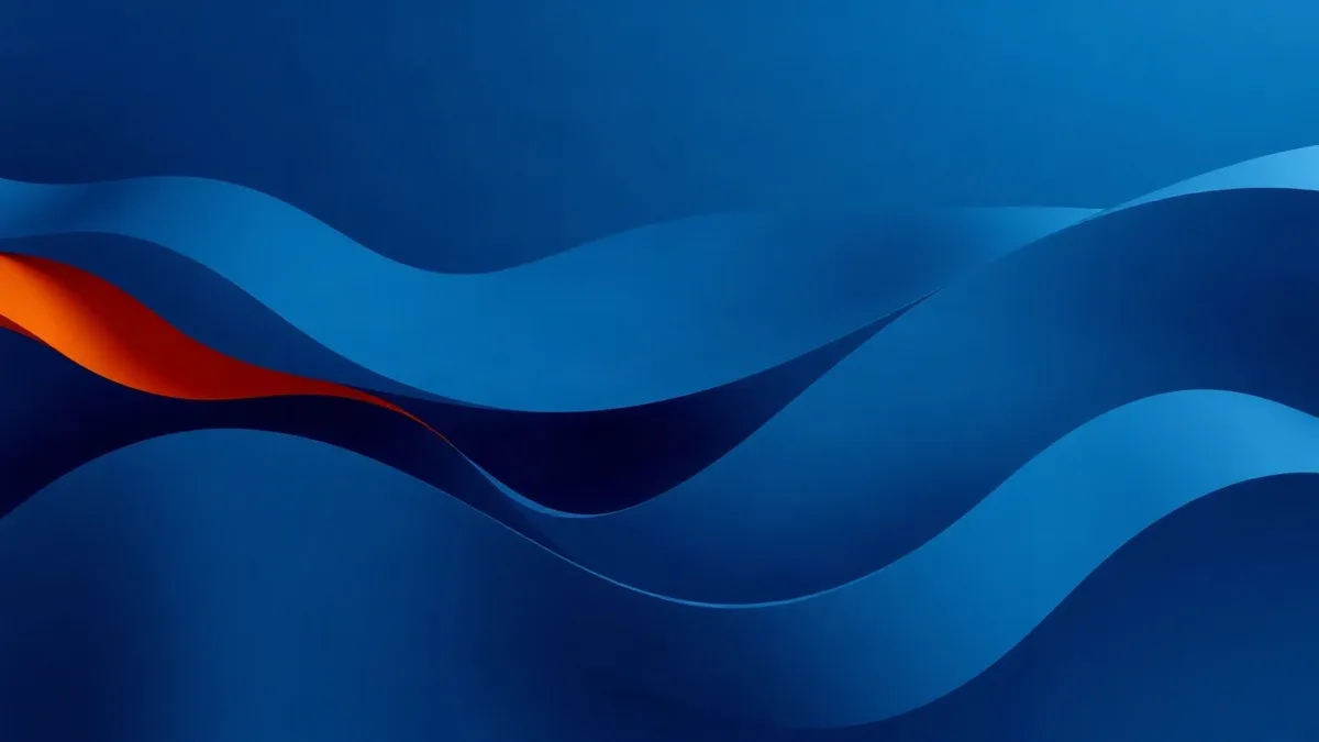 Formas geométricas 3D interconectadas en azul, índigo y naranja