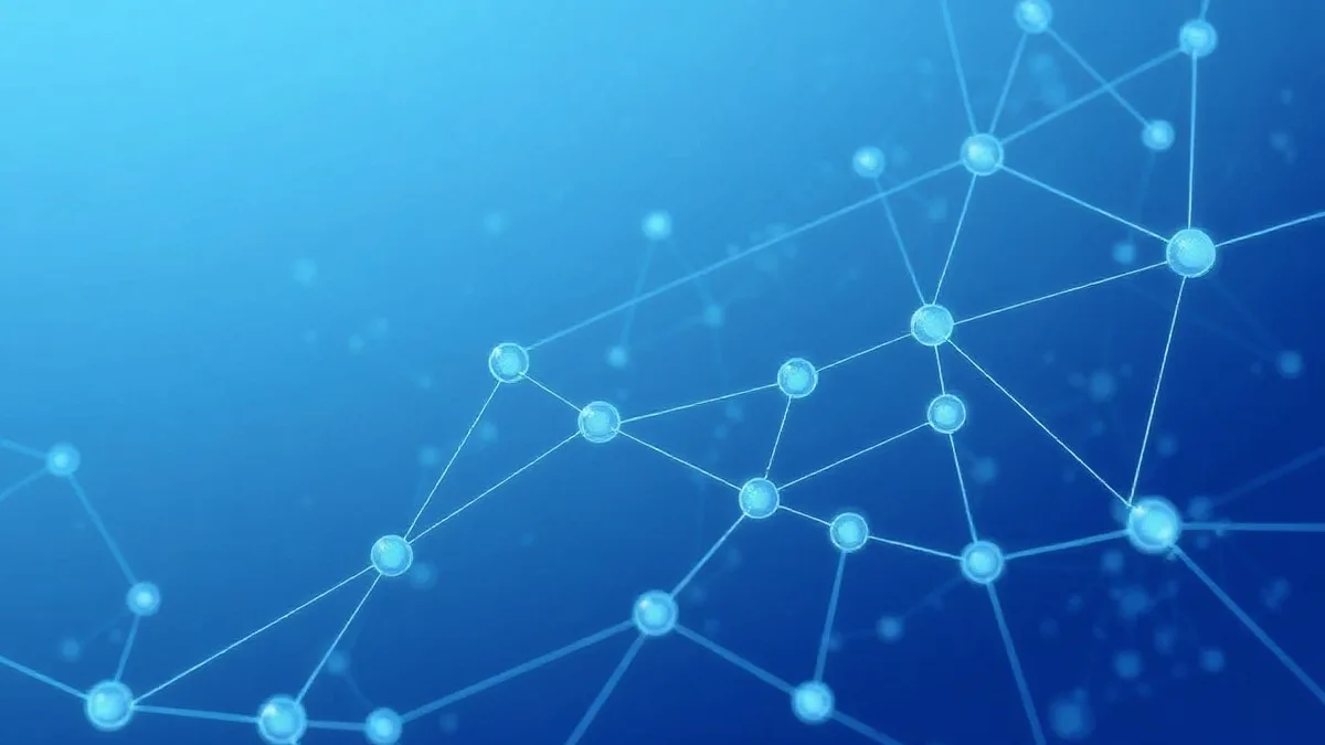 Nodos digitales interconectados con flujos de datos en azules y índigo
