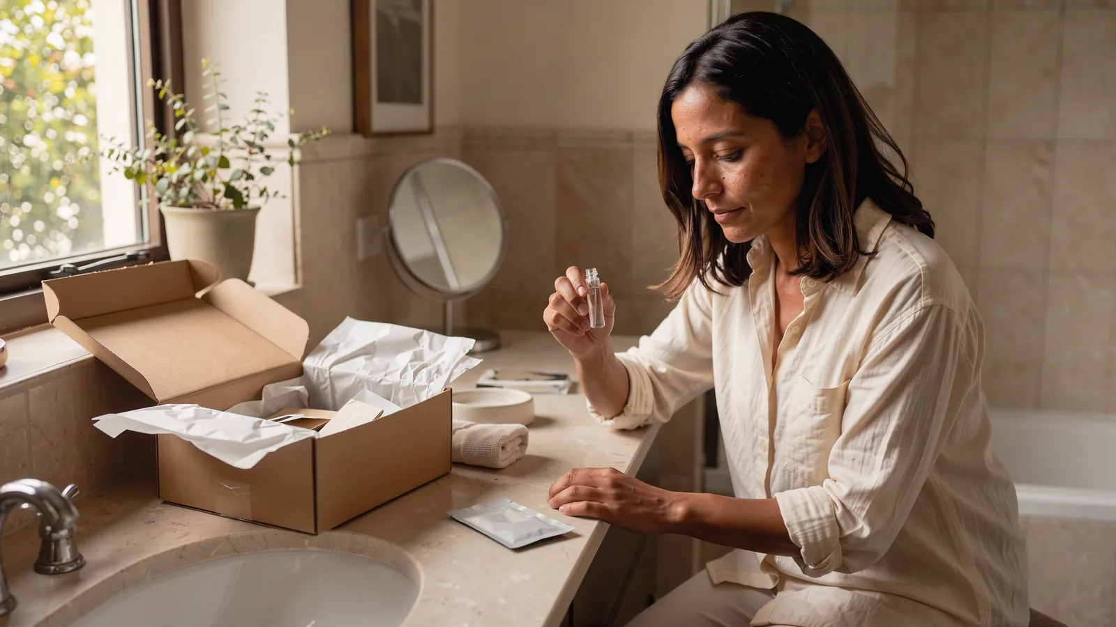 Customer at home tries a fragrance sample included with her online beauty order