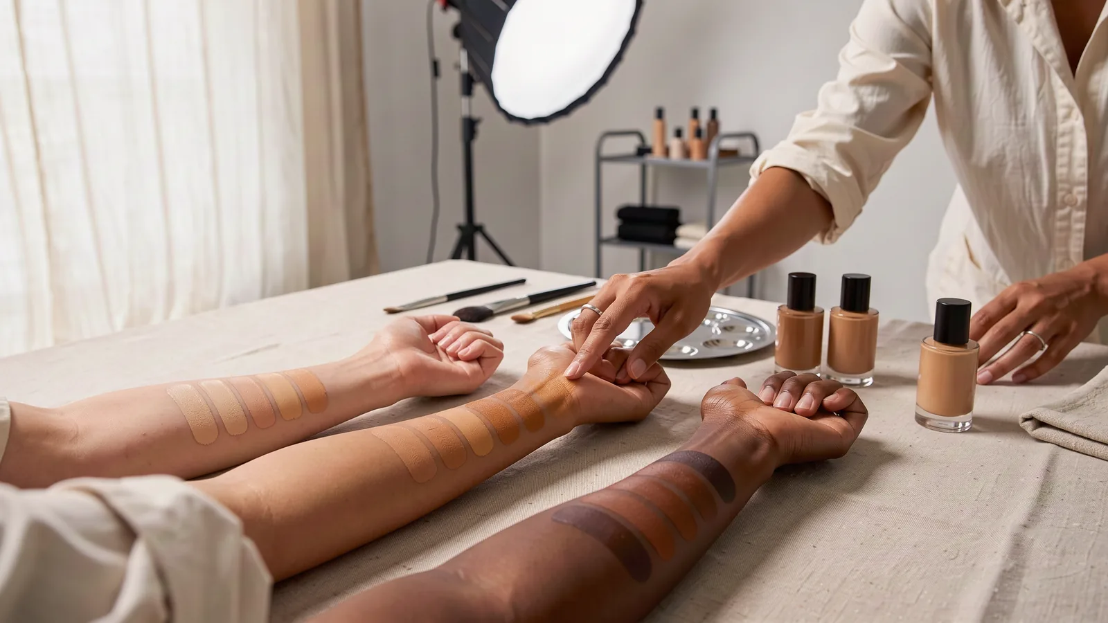 Makeup artist applies foundation swatches on forearms of varied skin tones for richer product imagery.