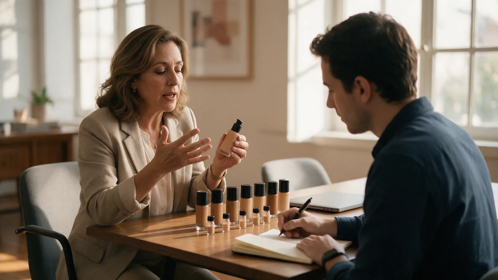 Beauty brand director shows her shade catalog to a consultant during a discovery session