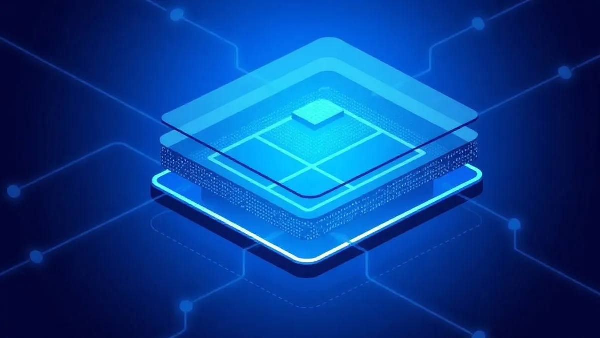 Capas digitales interconectadas con flujos de datos en azul y índigo