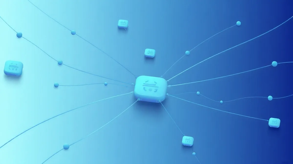 Flujos digitales interconectados en tonos azul y índigo