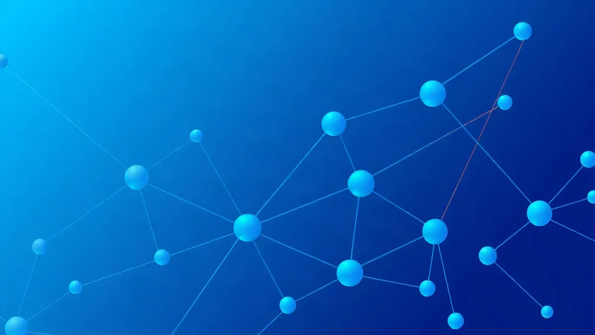 Nodos conectados y flujo de datos en azul y índigo, representando integración de sistemas