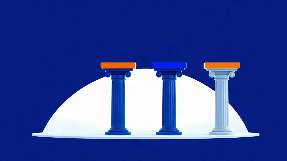 Cuatro columnas abstractas de diferentes alturas simbolizando arquetipos institucionales