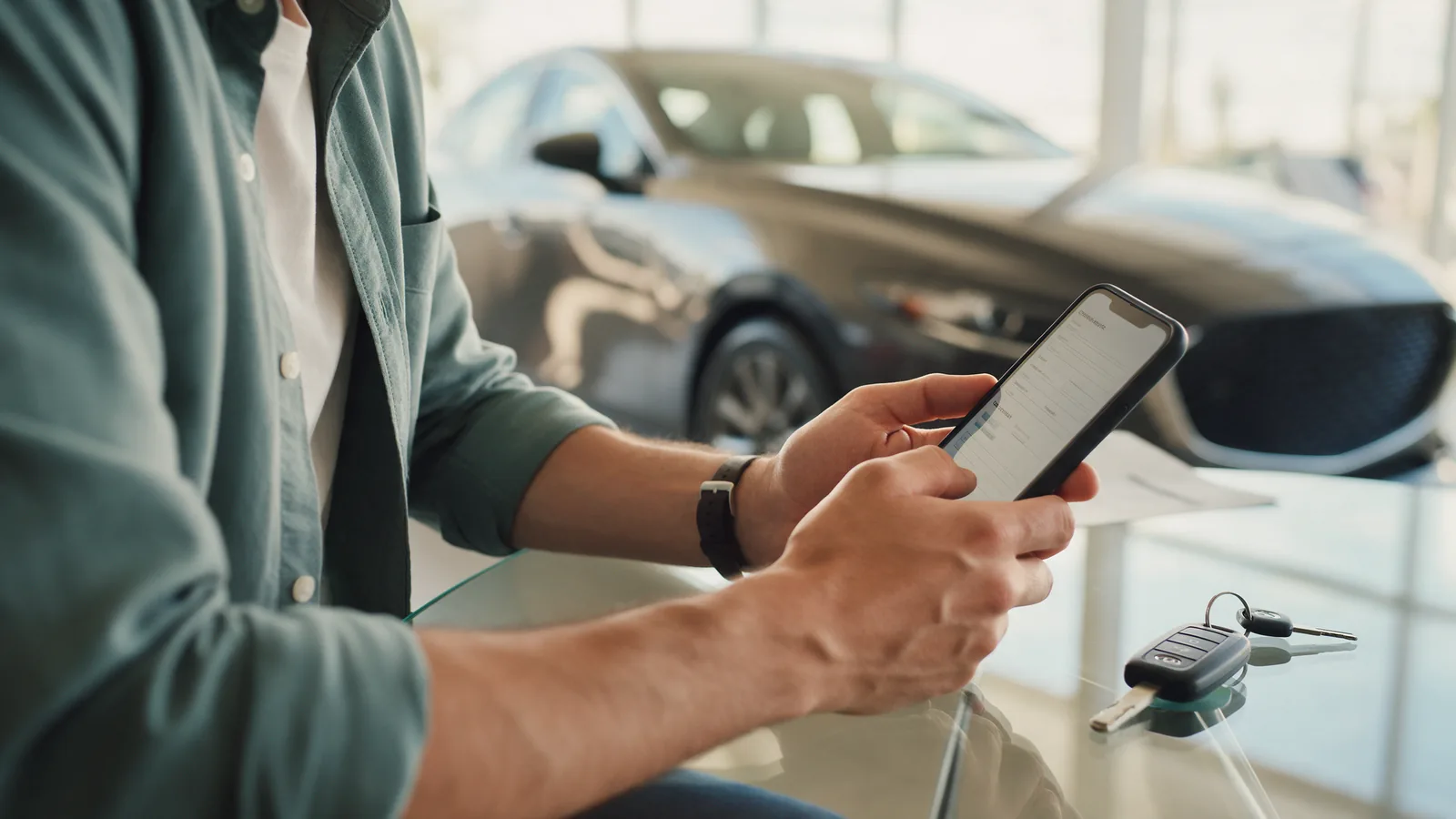 Customer quotes insurance for his new car on his phone inside a car dealership.