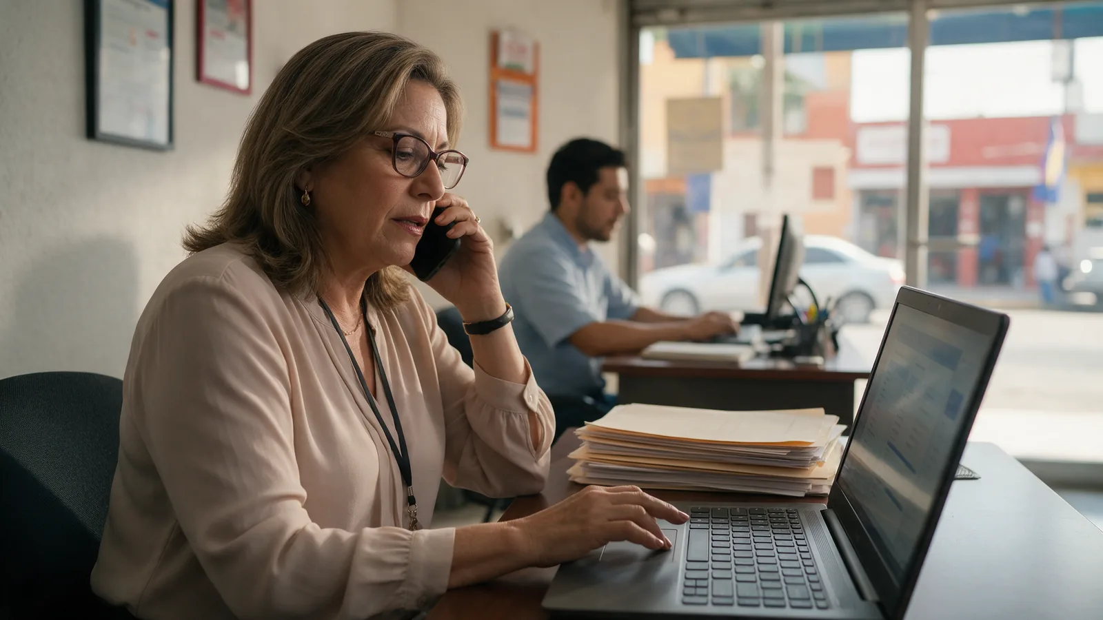 Insurance agent calls a client about renewal while reviewing her portfolio on a laptop.