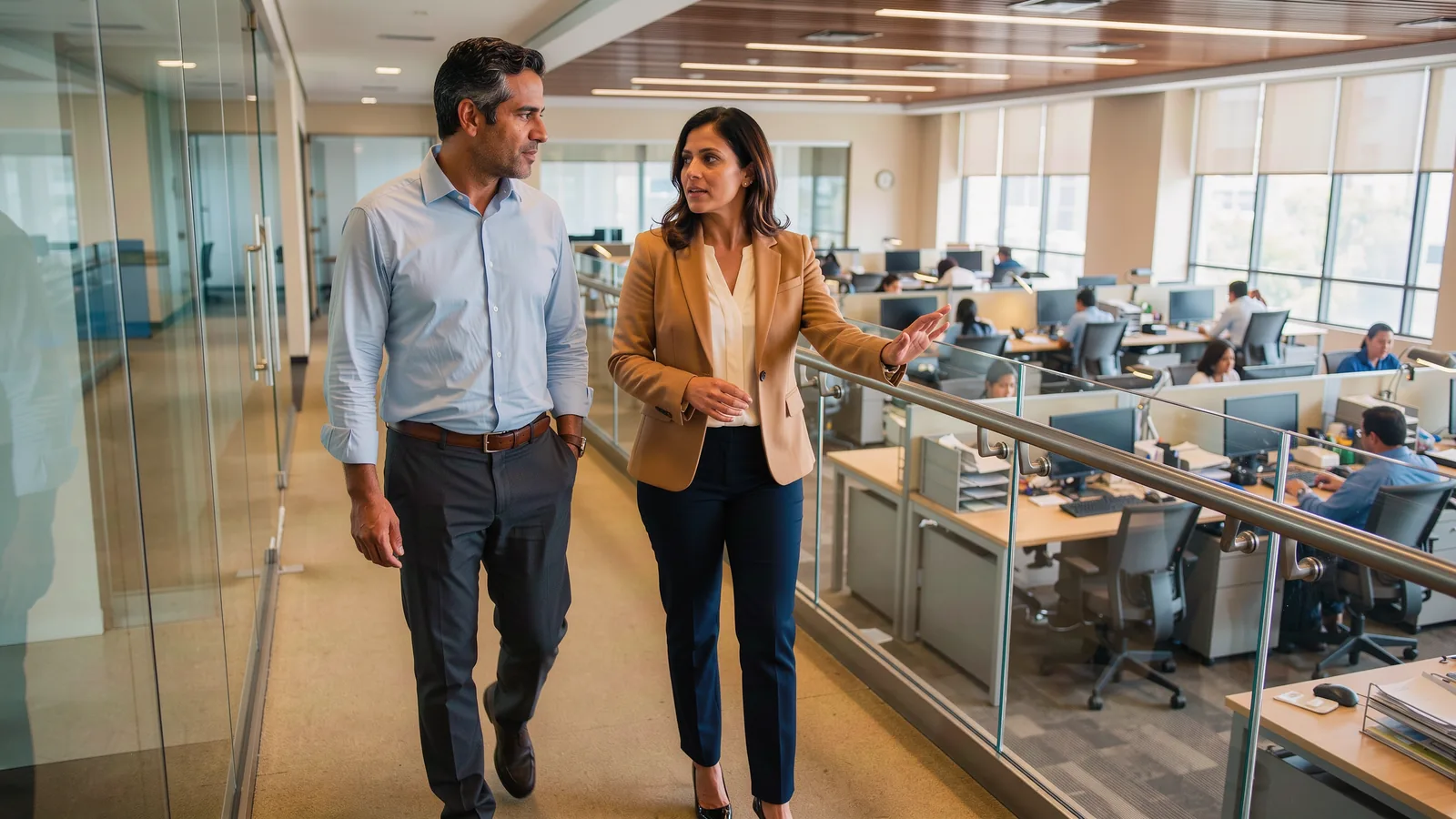 Consultant walks an insurer's operations floor with a manager to understand how the business runs.