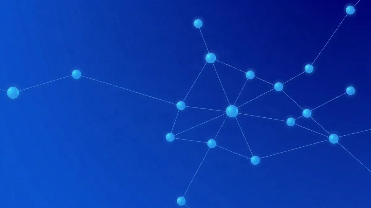 Interconnected digital nodes and pathways in blue and indigo tones.