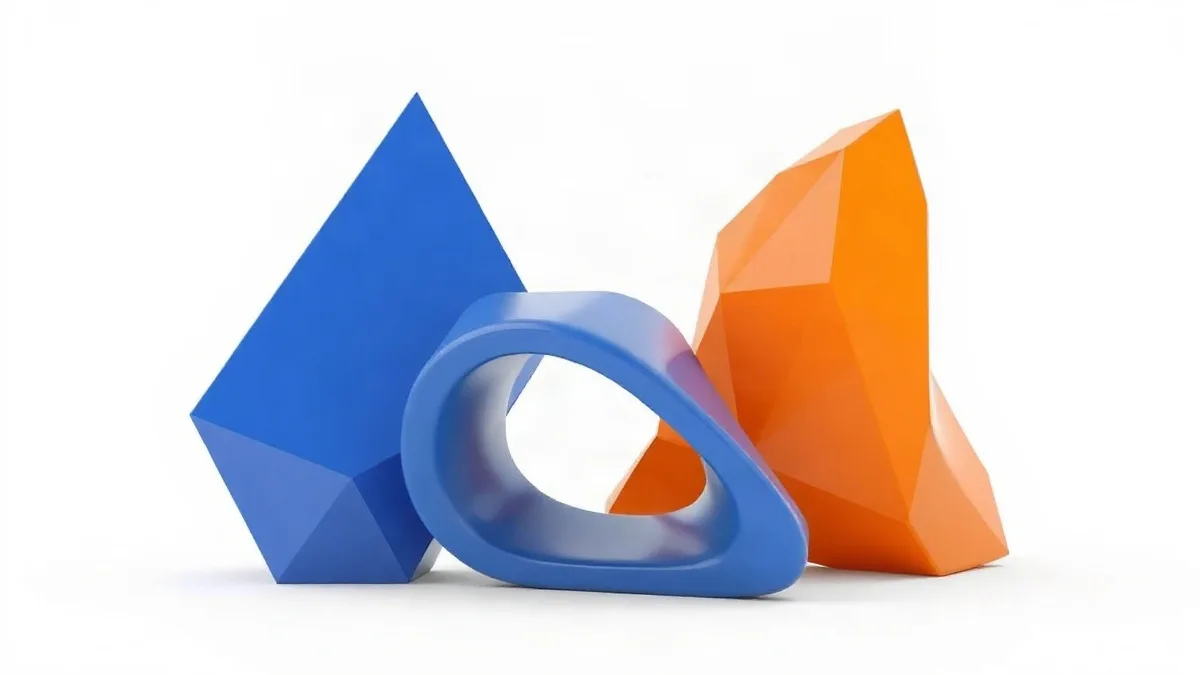 Three abstract geometric shapes in blue, indigo, and orange representing enterprise systems.