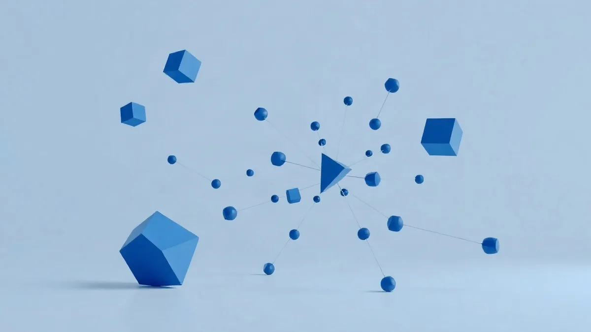 Fragmented geometric shapes and disconnected nodes in blue and indigo tones.
