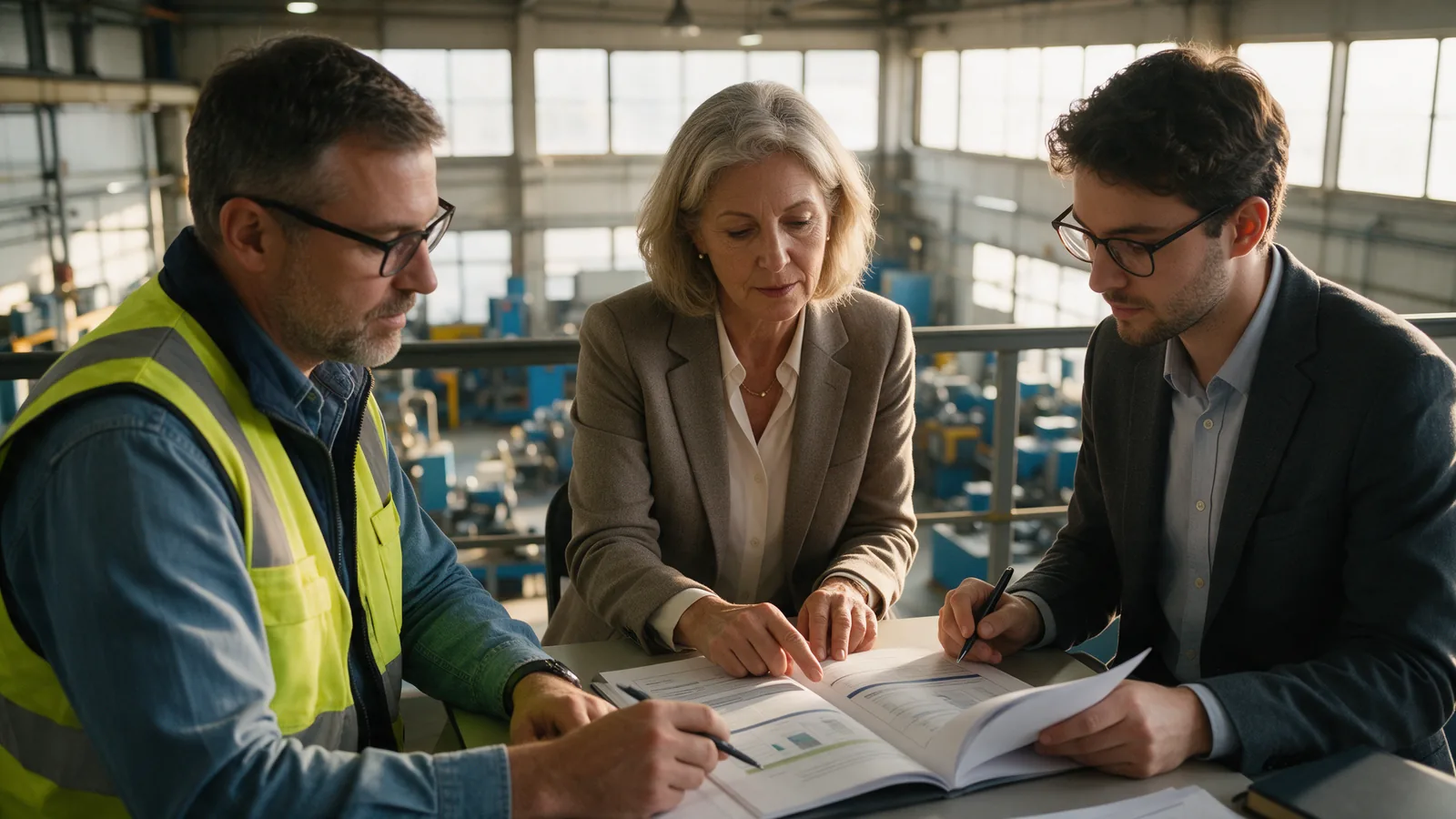 Plant engineer, buyer and finance analyst review a proposal together, forming a B2B buying group.