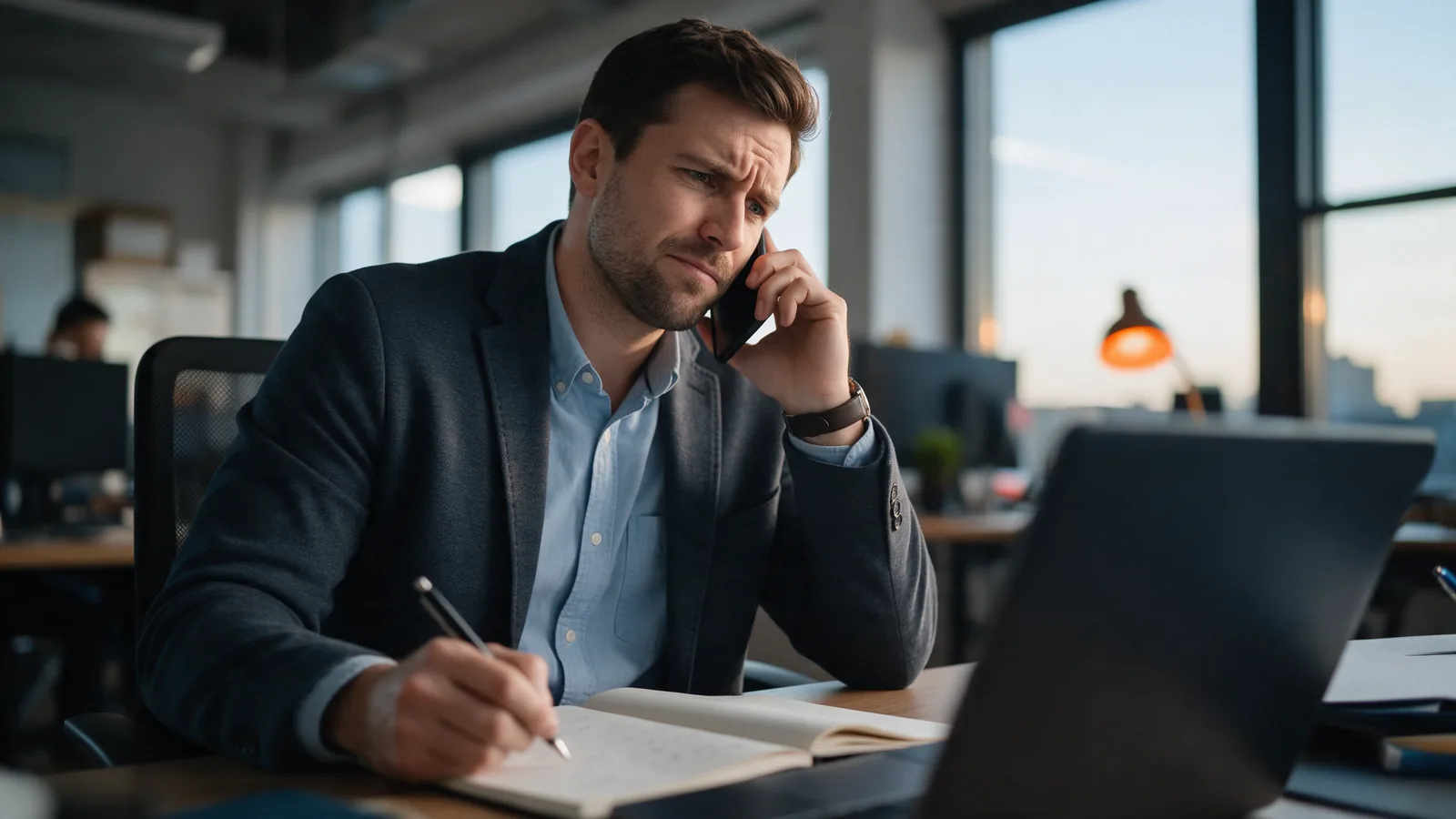 Sales rep on the phone looking doubtful after receiving a poorly qualified lead from the scoring model.