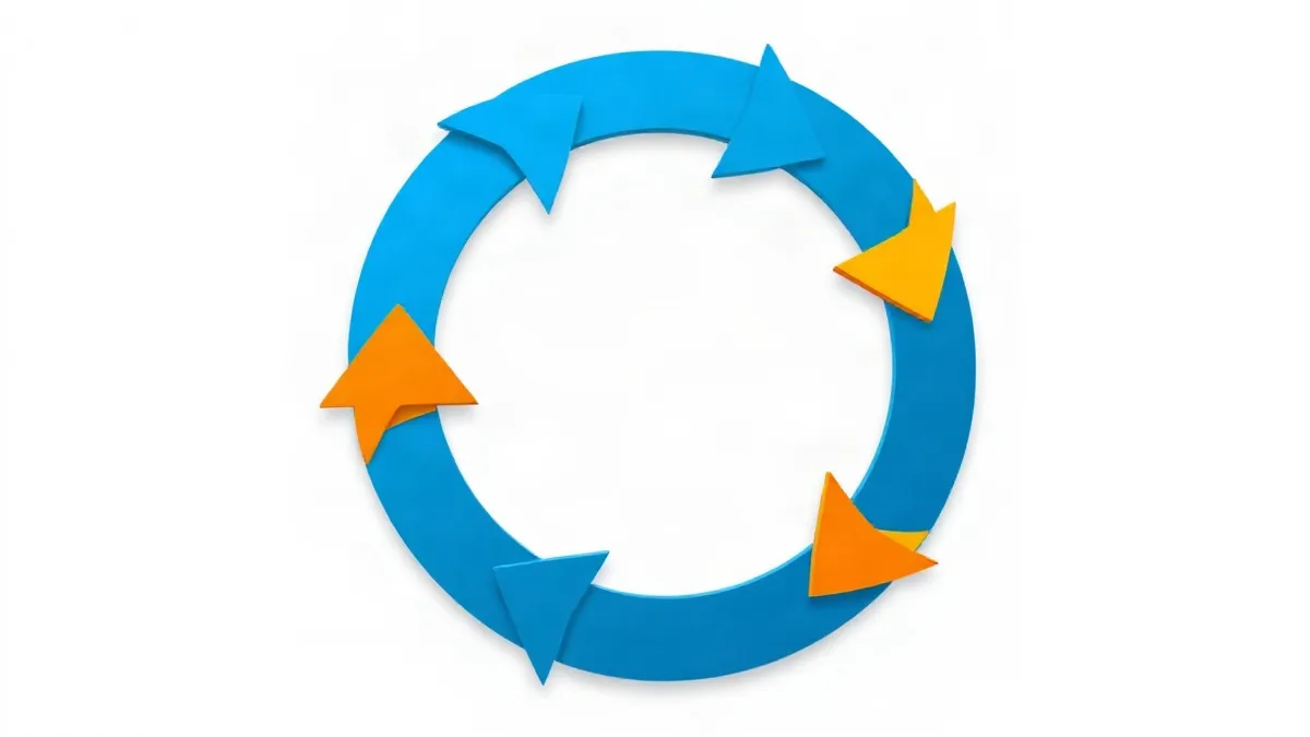 Diagrama de flujo circular con nodos conectados en azul, índigo y naranja.