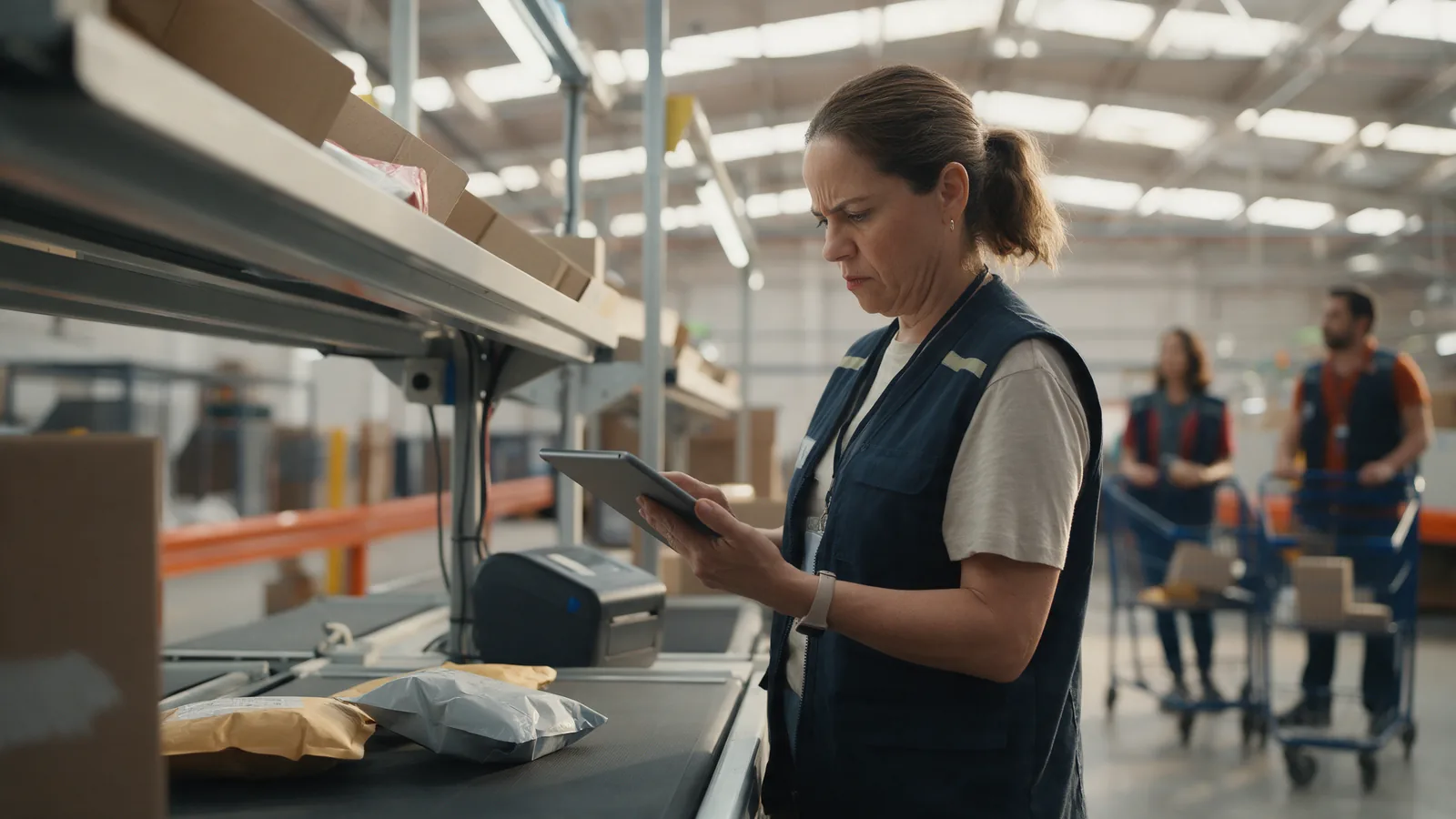 Supervisora revisa una estación de empaque casi vacía: menos pedidos de lo esperado delatan un checkout roto.