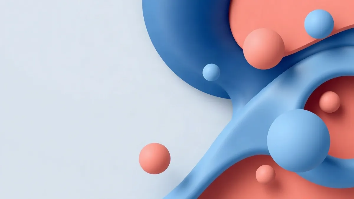 Formas abstractas en azul y coral con esferas, estilo minimalista