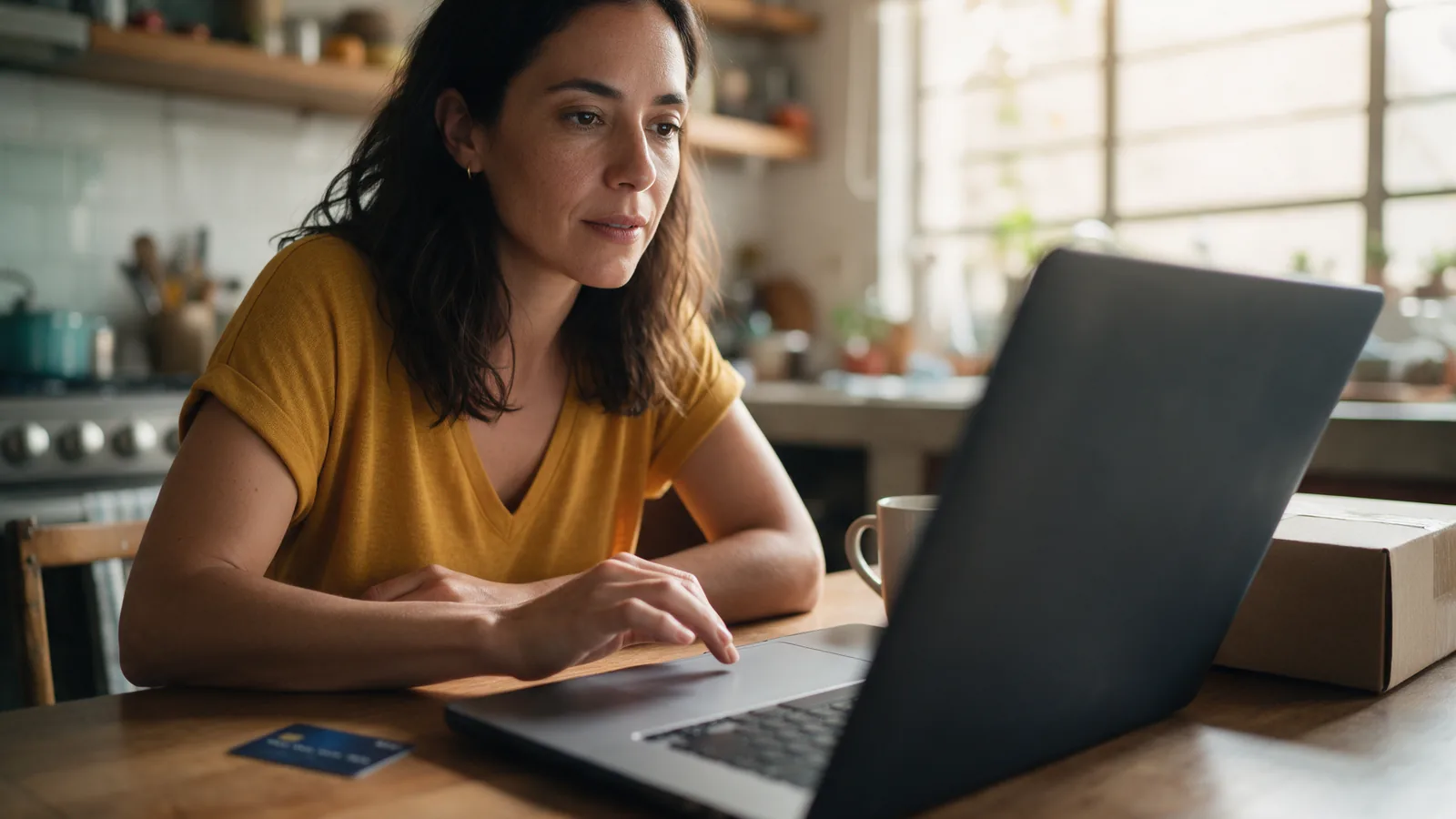 Clienta en casa pausa antes de aceptar consentimientos opcionales al finalizar una compra en línea.