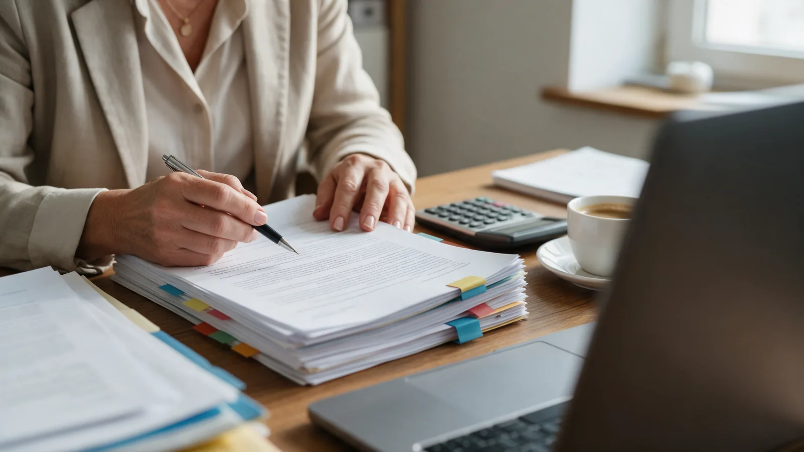 Hands reviewing a printed contract with pen and calculator, like checking contracted compute hours.