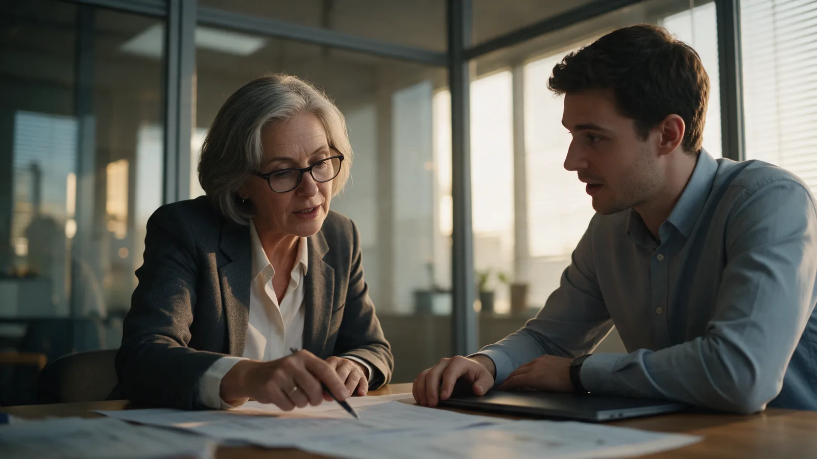 Two colleagues review printed pages in a meeting room, going over common project mistakes.
