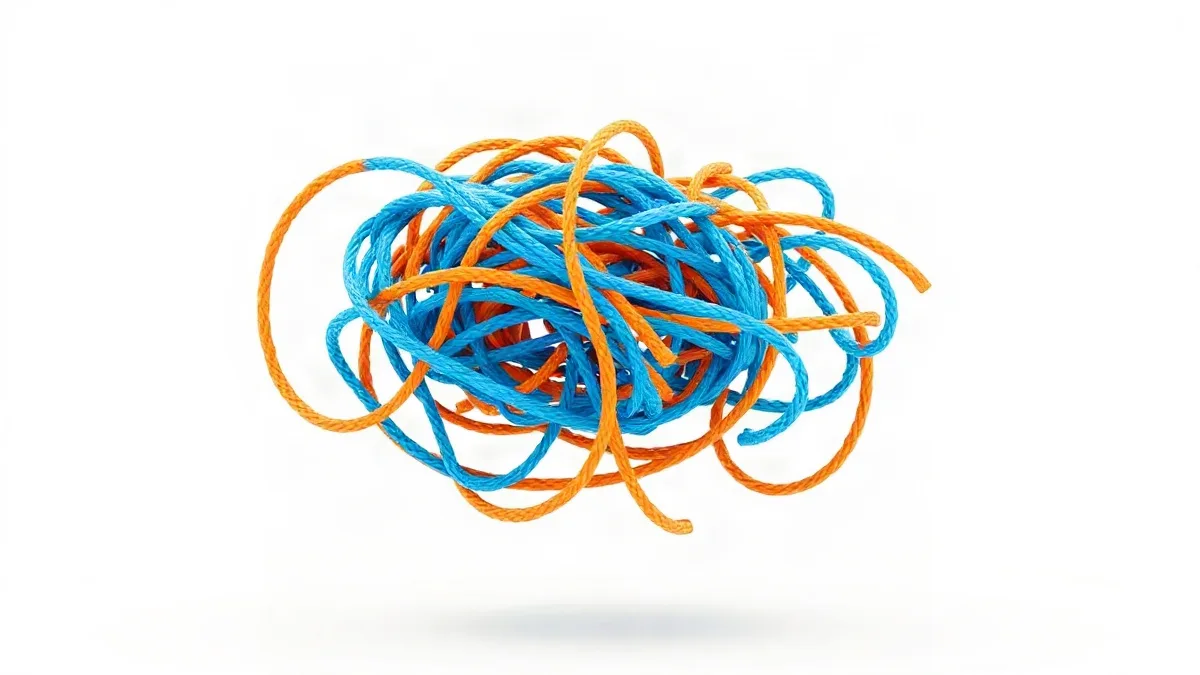 Blue and orange threads tangled in complex knot formation